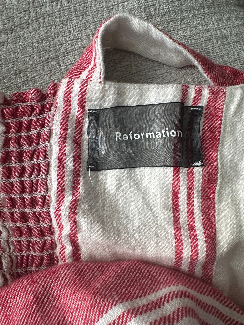 Reformation Red and Cream Striped Linen Button Romper 4
